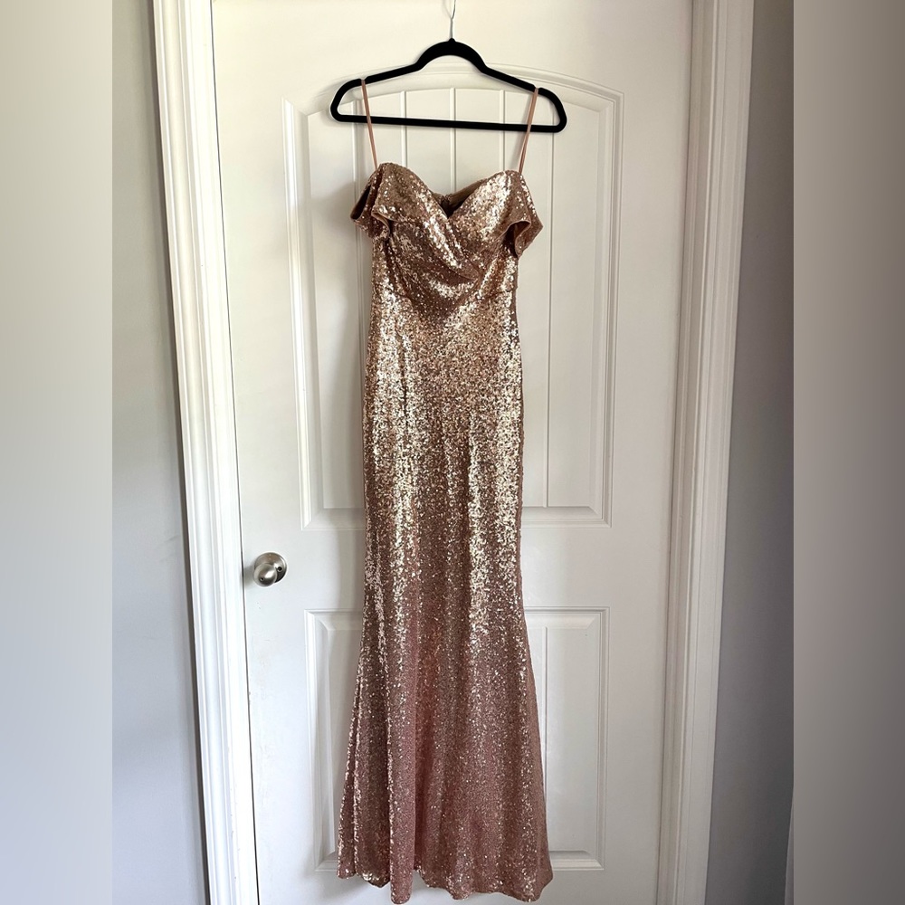 Revelry Rose Gold Bardot Sequin Dress